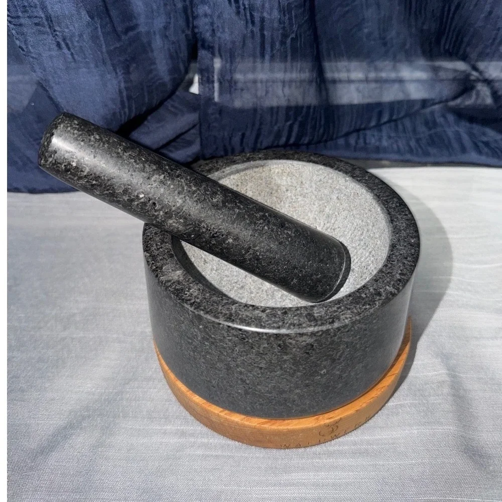 Waldwerk Mortar &‎ Pestle Set Medium, Dark Gray Granite With Wood Base